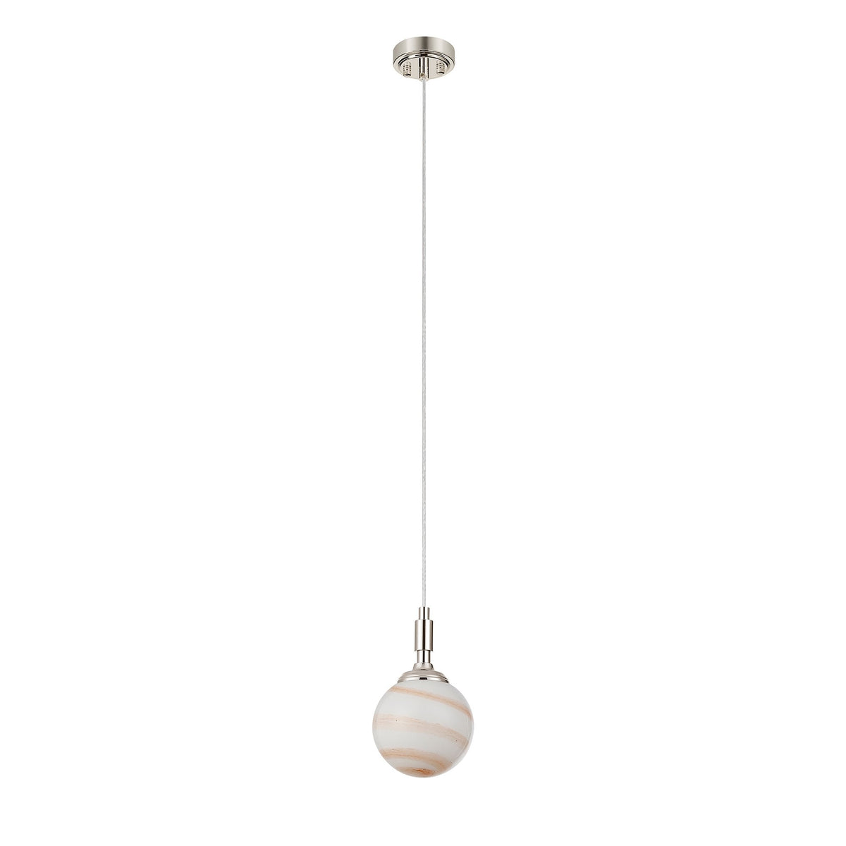 Loughton IP44 Single Drop Pendant in Polished Nickel with Round Glass Brown & White Marble Effect Diffuser