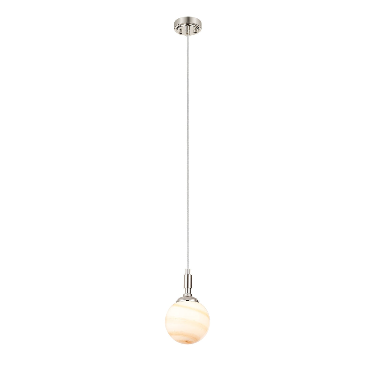 Loughton IP44 Single Drop Pendant in Polished Nickel with Round Glass Brown & White Marble Effect Diffuser