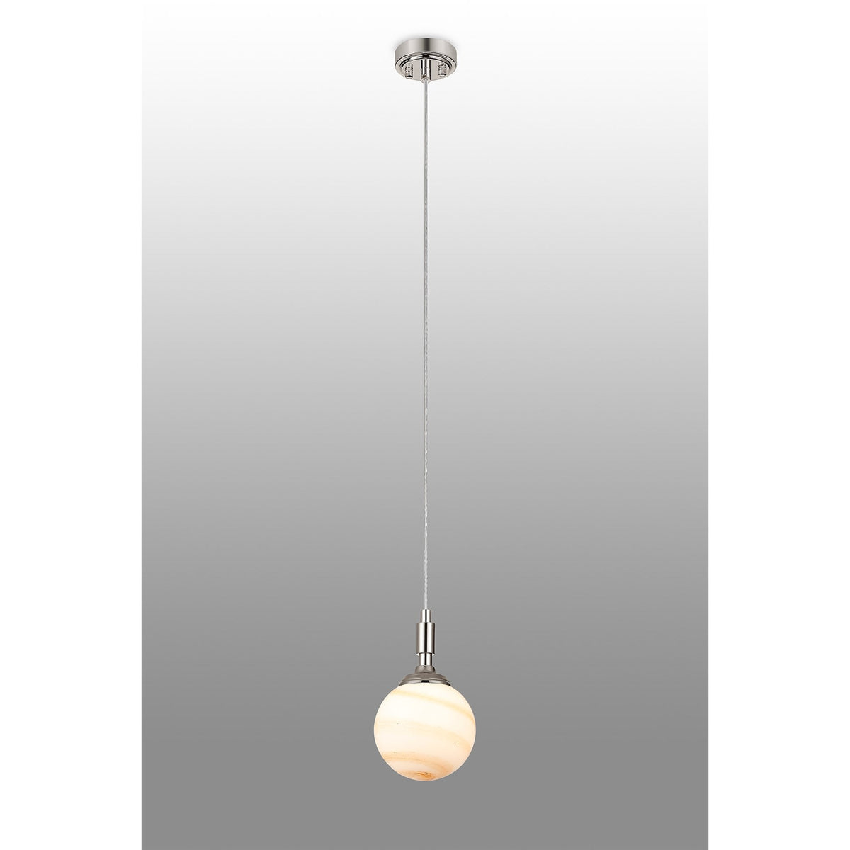 Loughton IP44 Single Drop Pendant in Polished Nickel with Round Glass Brown & White Marble Effect Diffuser