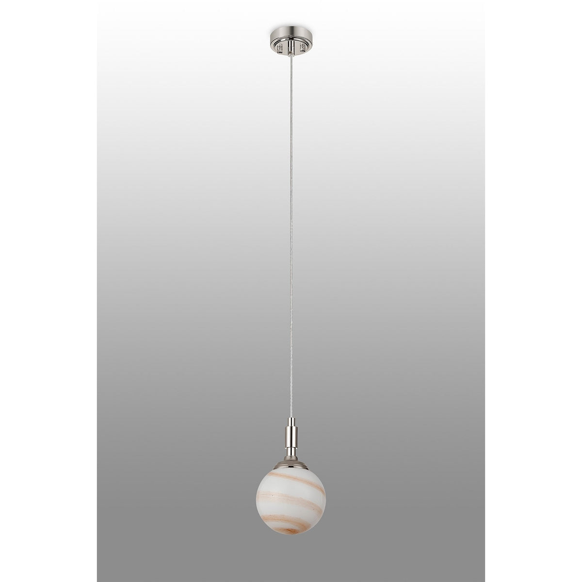 Loughton IP44 Single Drop Pendant in Polished Nickel with Round Glass Brown & White Marble Effect Diffuser