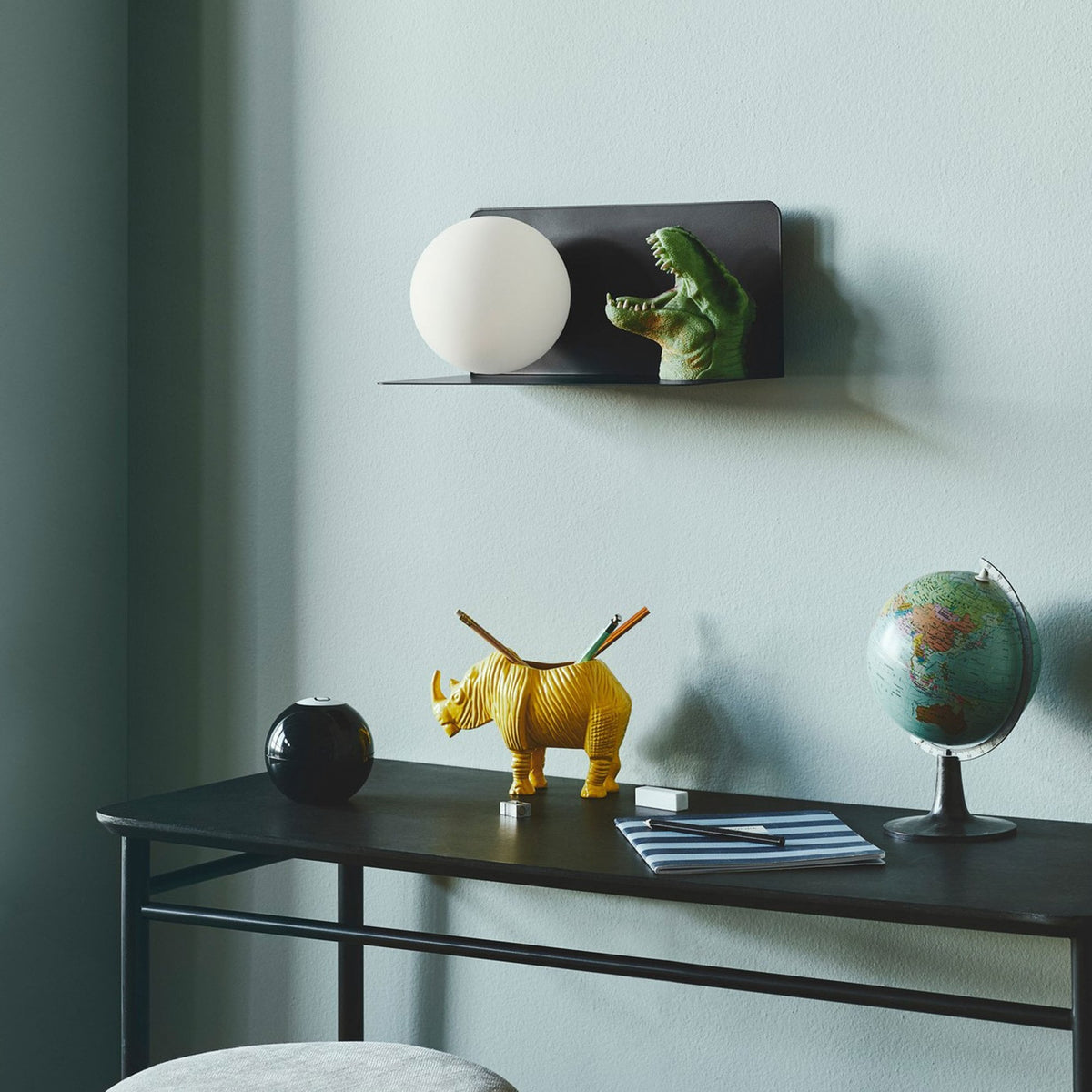 Lilibeth Shelf Plugged Wall Light In Black with Opal Glass Shade