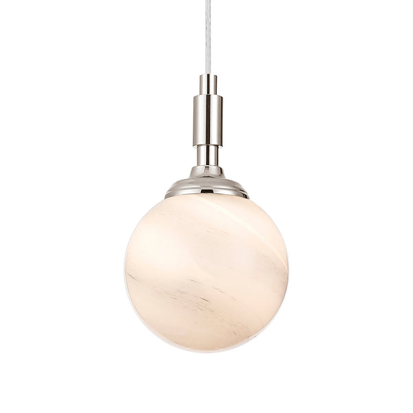 Loughton IP44 Single Drop Pendant in Polished Nickel with Round Glass Grey & White Marble Effect Diffuser