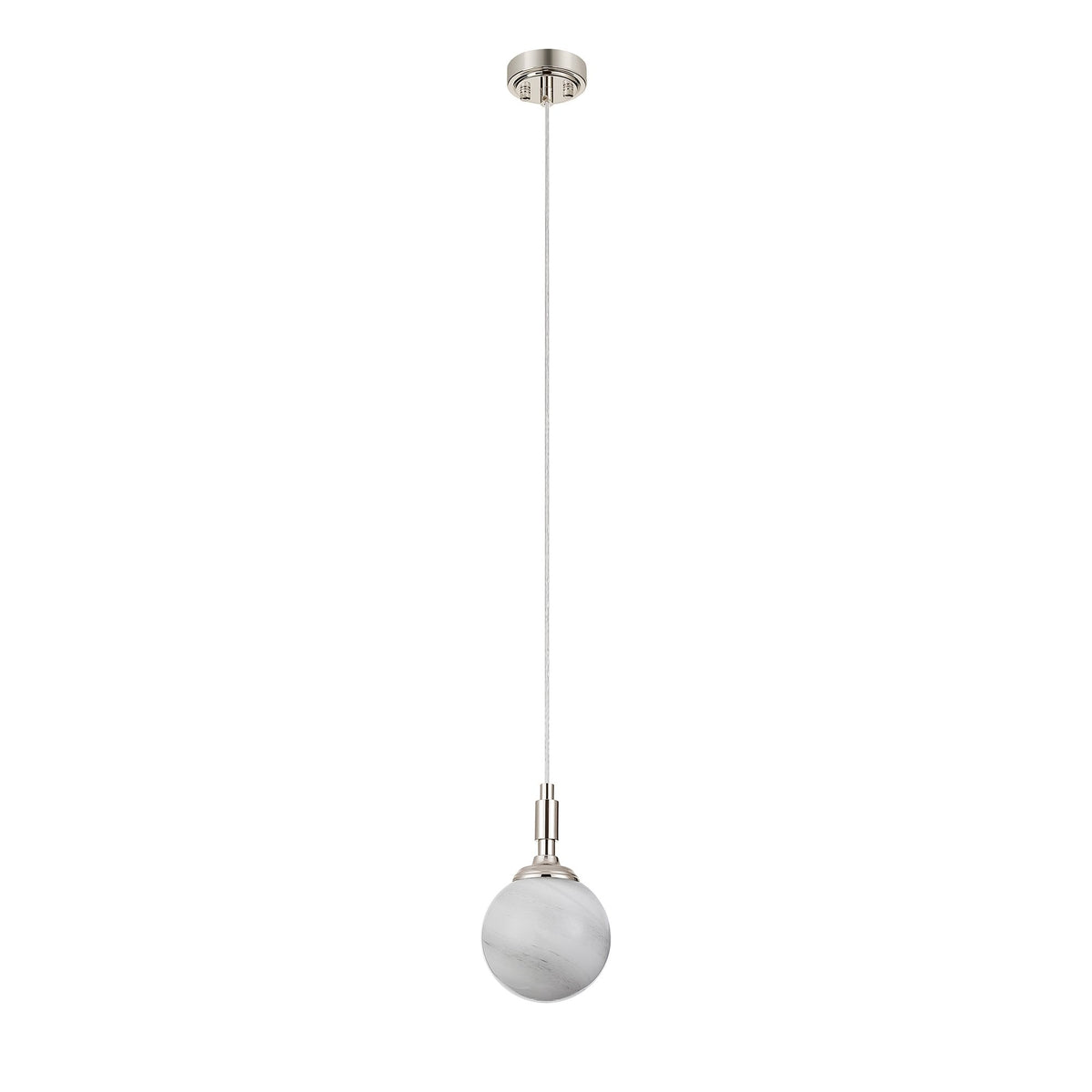 Loughton IP44 Single Drop Pendant in Polished Nickel with Round Glass Grey & White Marble Effect Diffuser