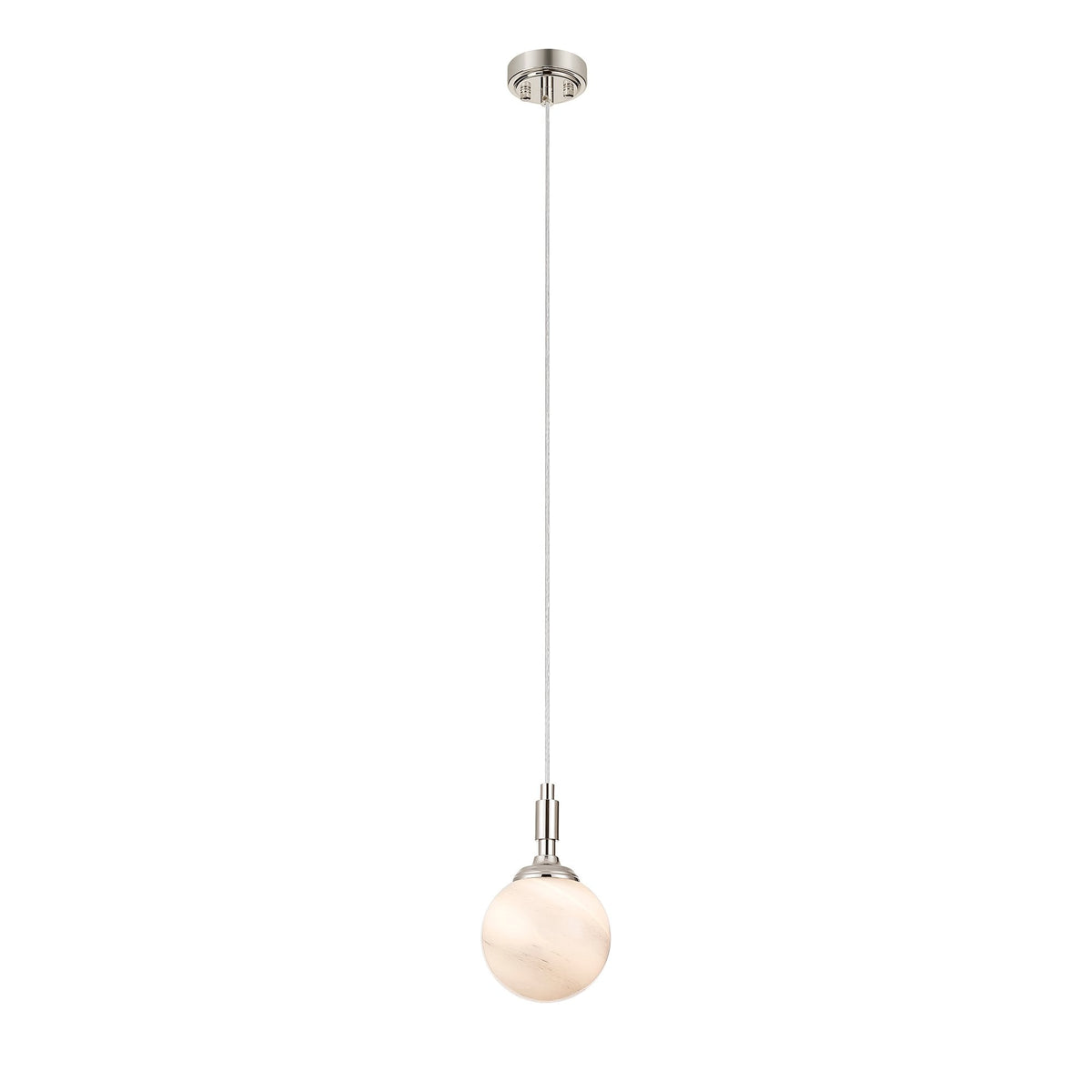 Loughton IP44 Single Drop Pendant in Polished Nickel with Round Glass Grey & White Marble Effect Diffuser