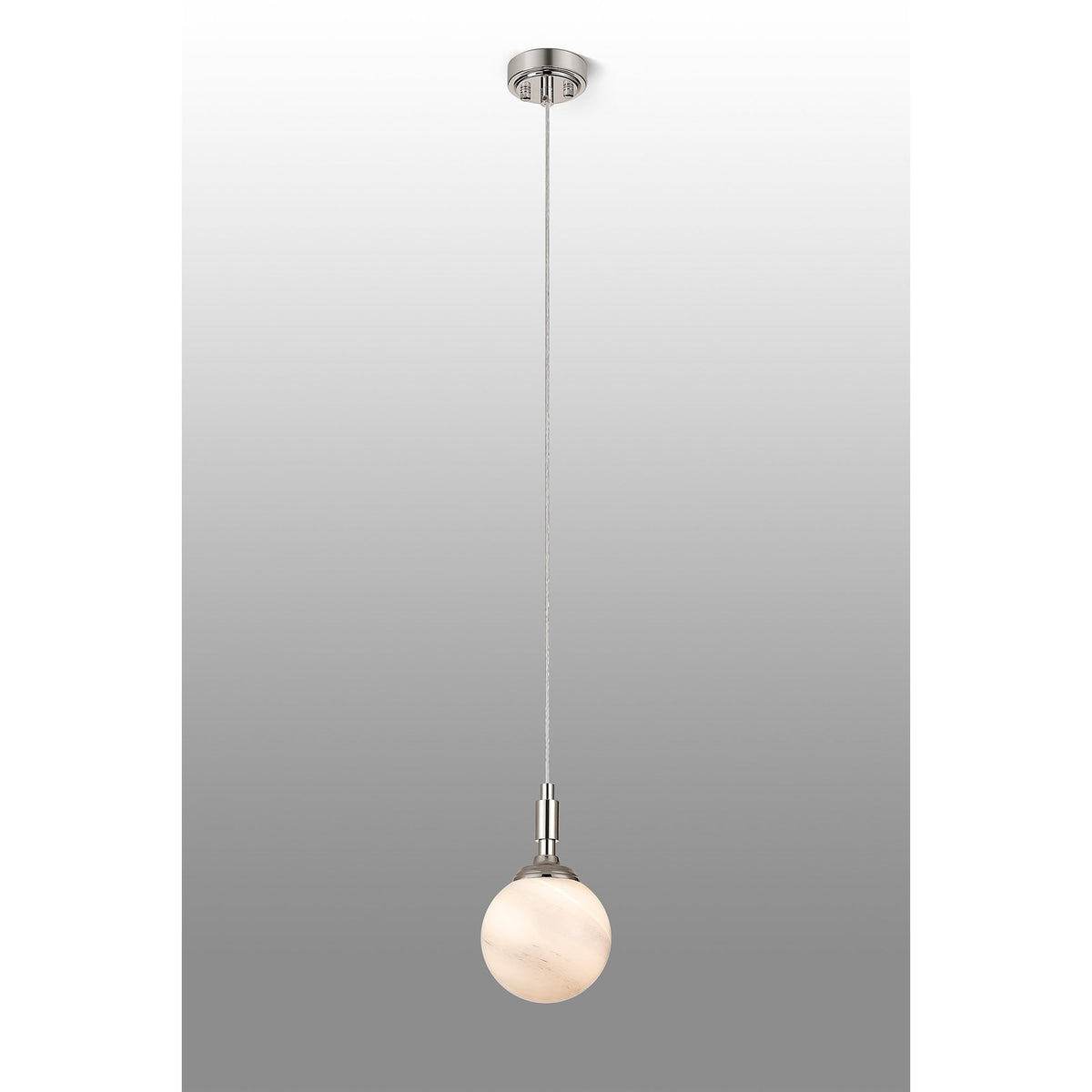 Loughton IP44 Single Drop Pendant in Polished Nickel with Round Glass Grey & White Marble Effect Diffuser