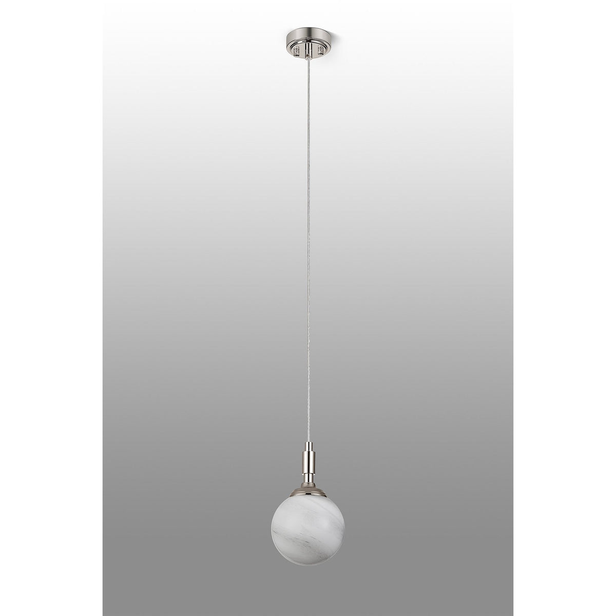 Loughton IP44 Single Drop Pendant in Polished Nickel with Round Glass Grey & White Marble Effect Diffuser