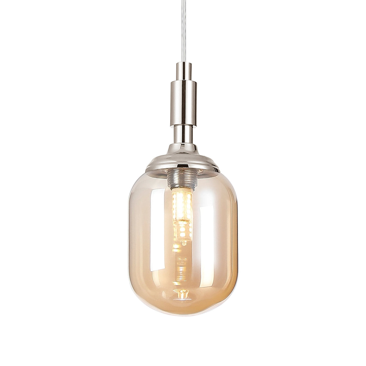 Loughton IP44 Single Drop Pendant in Polished Nickel with Smooth Tubular Glass Amber Diffuser