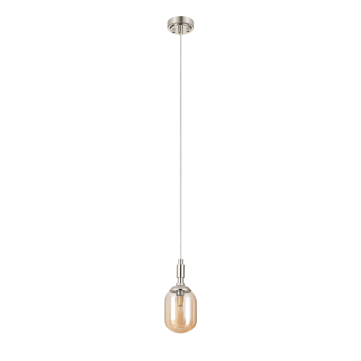 Loughton IP44 Single Drop Pendant in Polished Nickel with Smooth Tubular Glass Amber Diffuser