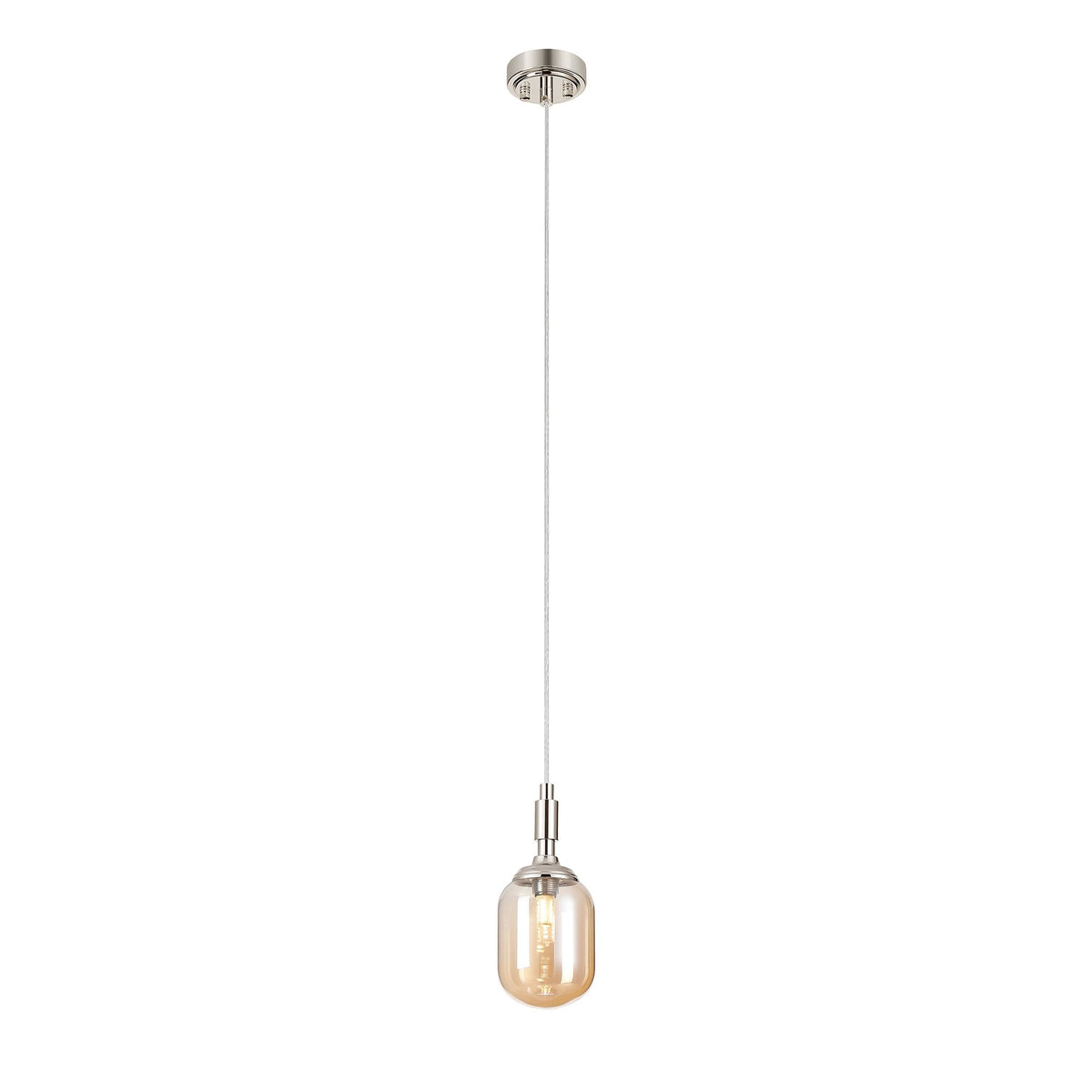 Loughton IP44 Single Drop Pendant in Polished Nickel with Smooth Tubular Glass Amber Diffuser