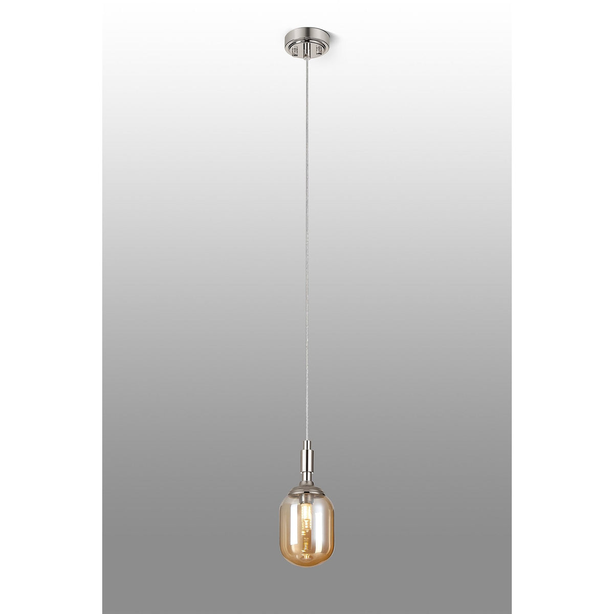 Loughton IP44 Single Drop Pendant in Polished Nickel with Smooth Tubular Glass Amber Diffuser