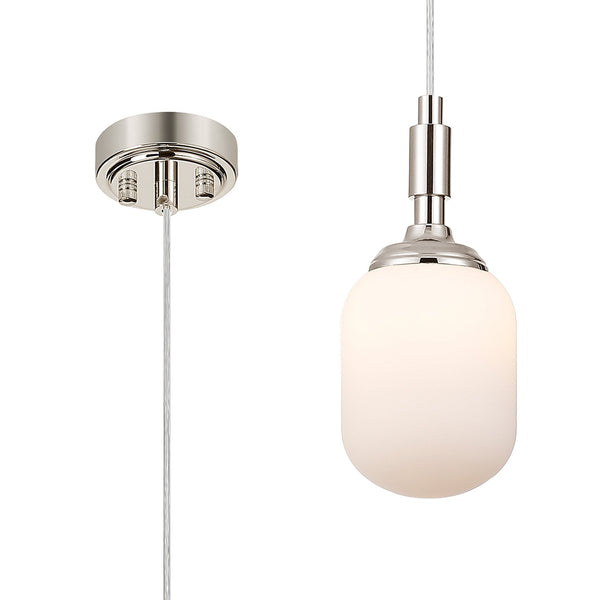 Loughton IP44 Single Drop Pendant in Polished Nickel with Smooth Tubular Glass Opal Diffuser