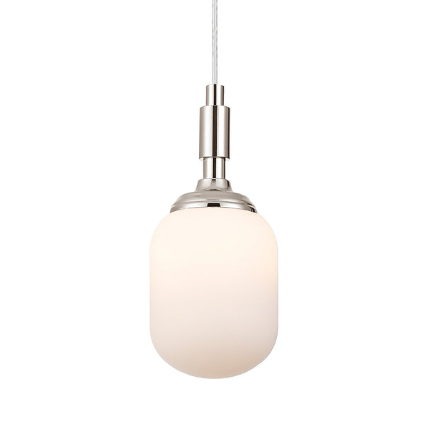 Loughton IP44 Single Drop Pendant in Polished Nickel with Smooth Tubular Glass Opal Diffuser