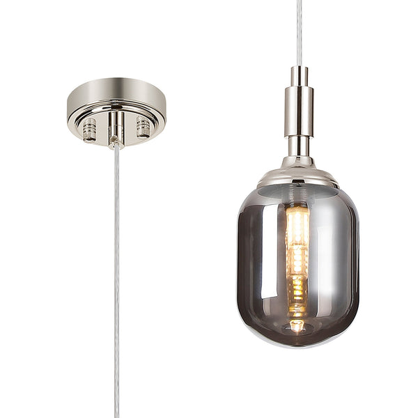 Loughton IP44 Single Drop Pendant in Polished Nickel with Smooth Tubular Glass Smoked Diffuser