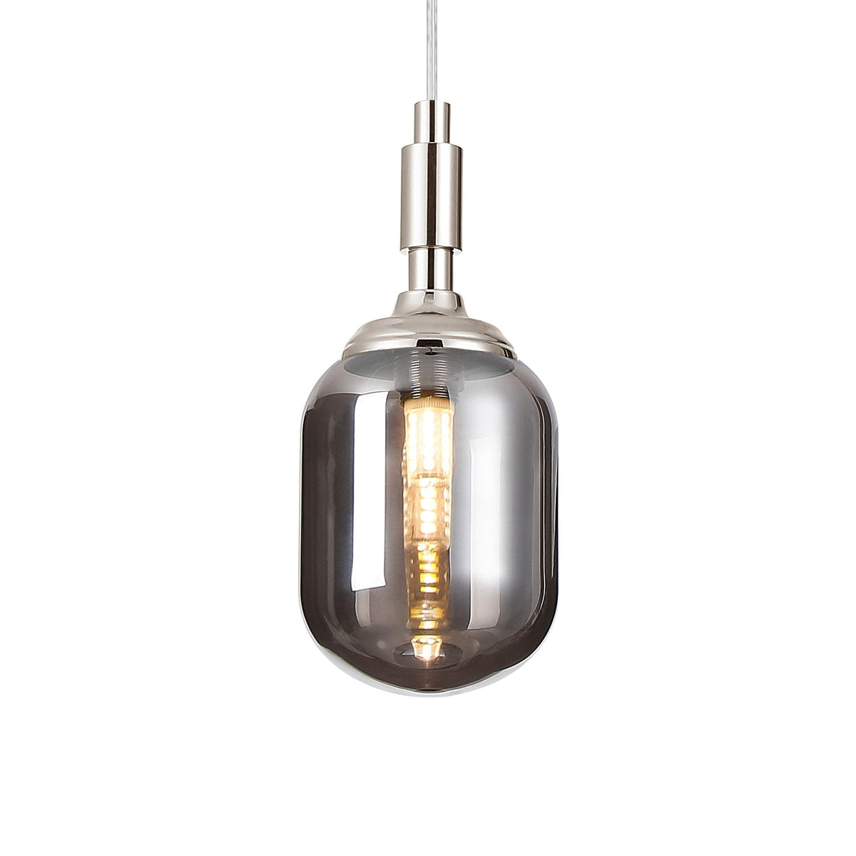Loughton IP44 Single Drop Pendant in Polished Nickel with Smooth Tubular Glass Smoked Diffuser