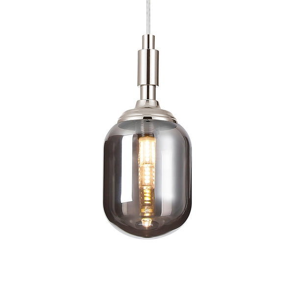 Loughton IP44 Single Drop Pendant in Polished Nickel with Smooth Tubular Glass Smoked Diffuser