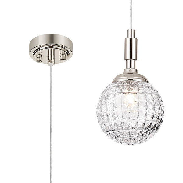 Loughton IP44 Single Drop Pendant in Polished Nickel with Cross Pattern Round Glass Clear Diffuser