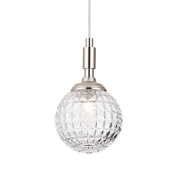 Loughton IP44 Single Drop Pendant in Polished Nickel with Cross Pattern Round Glass Clear Diffuser