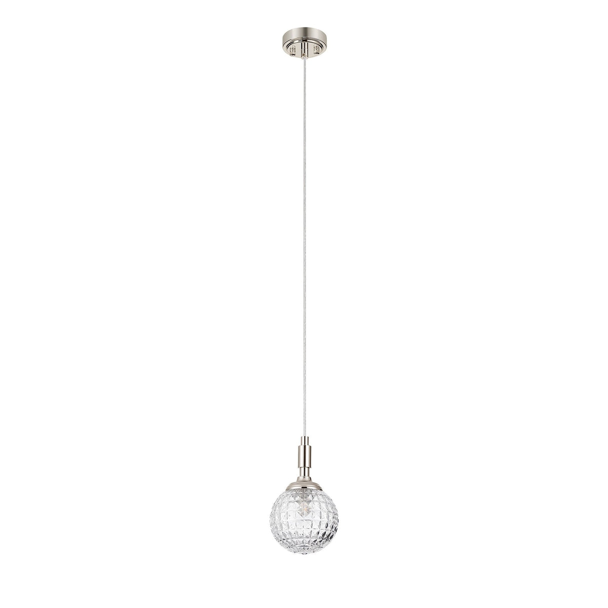 Loughton IP44 Single Drop Pendant in Polished Nickel with Cross Pattern Round Glass Clear Diffuser