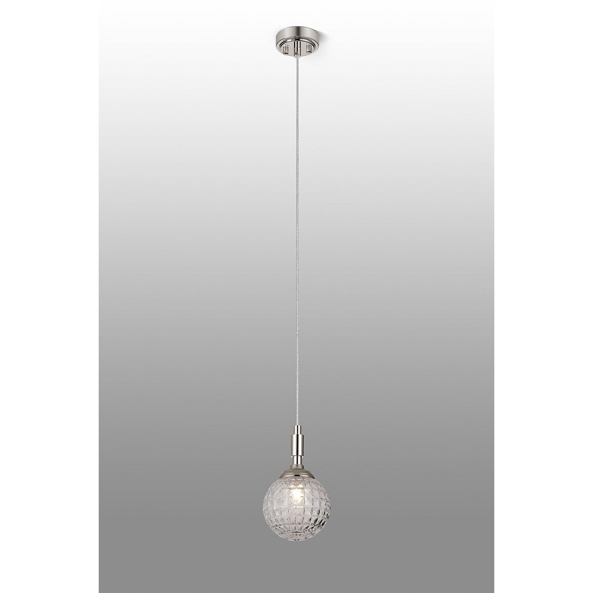 Loughton IP44 Single Drop Pendant in Polished Nickel with Cross Pattern Round Glass Clear Diffuser