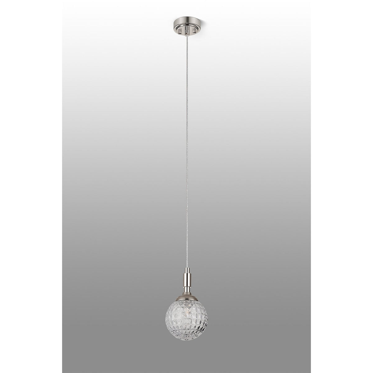Loughton IP44 Single Drop Pendant in Polished Nickel with Cross Pattern Round Glass Clear Diffuser