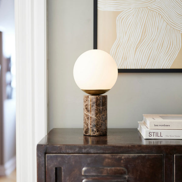 Lilly Marble Table Lamp In Brown with Opal Glass Shades
