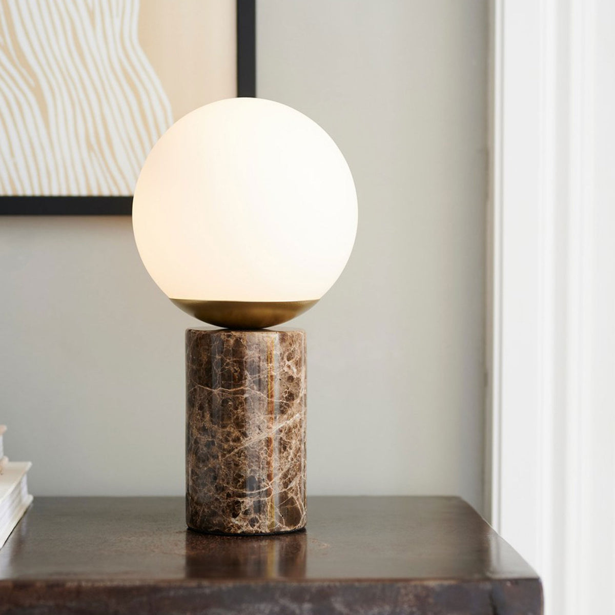 Lilly Marble Table Lamp In Brown with Opal Glass Shades