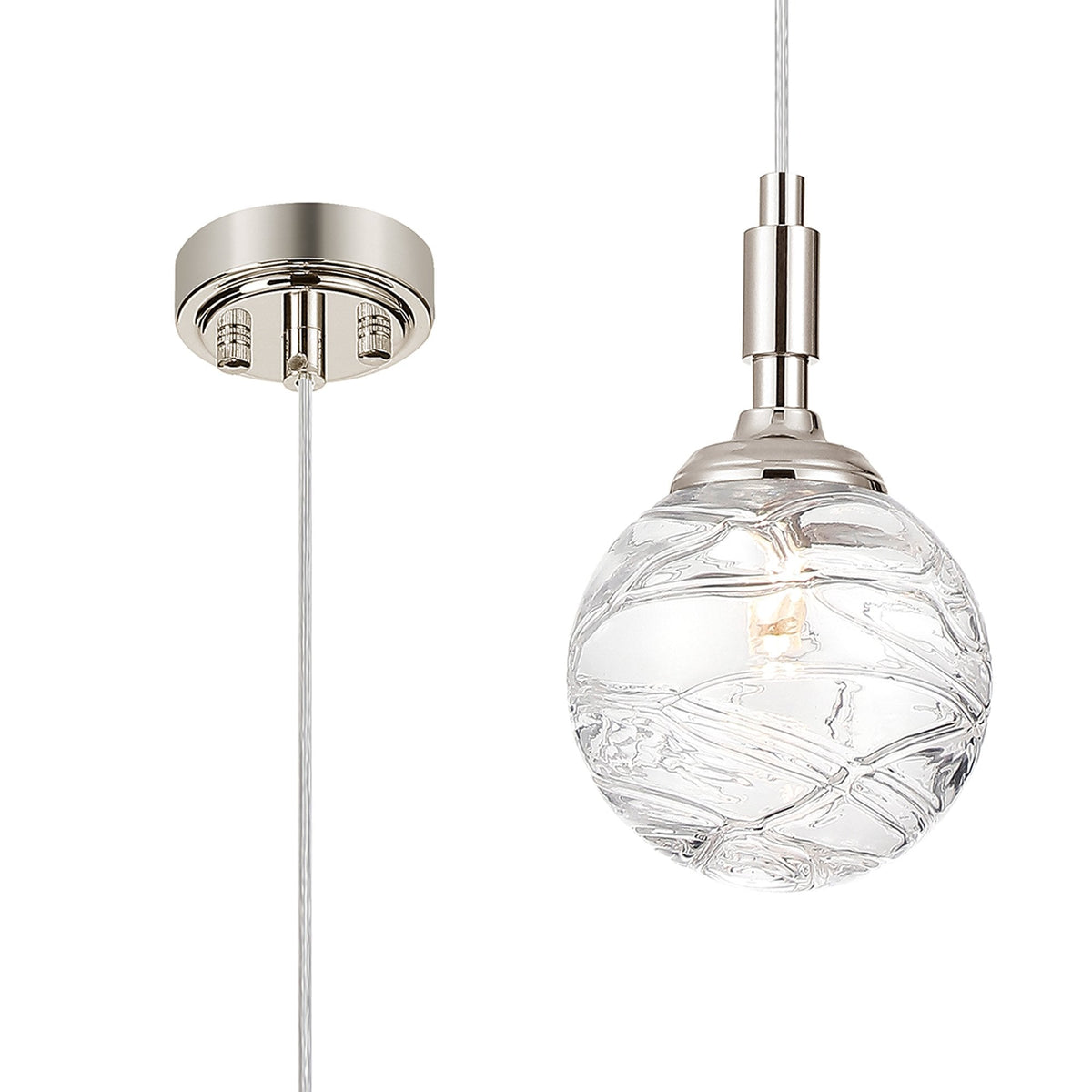 Loughton IP44 Single Drop Pendant in Polished Nickel with Dune Effect Round Glass Clear Diffuser