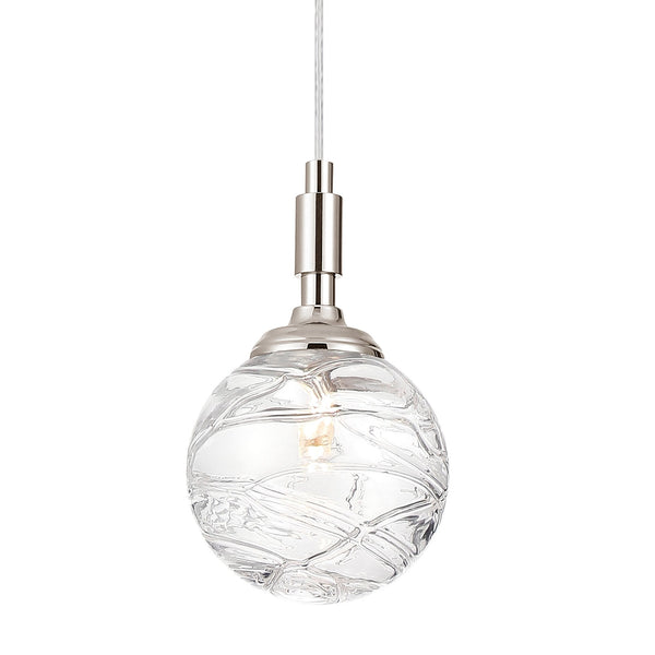 Loughton IP44 Single Drop Pendant in Polished Nickel with Dune Effect Round Glass Clear Diffuser