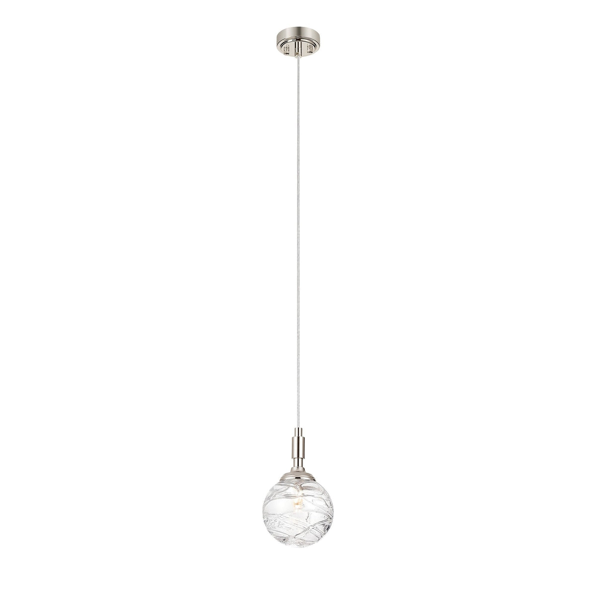 Loughton IP44 Single Drop Pendant in Polished Nickel with Dune Effect Round Glass Clear Diffuser