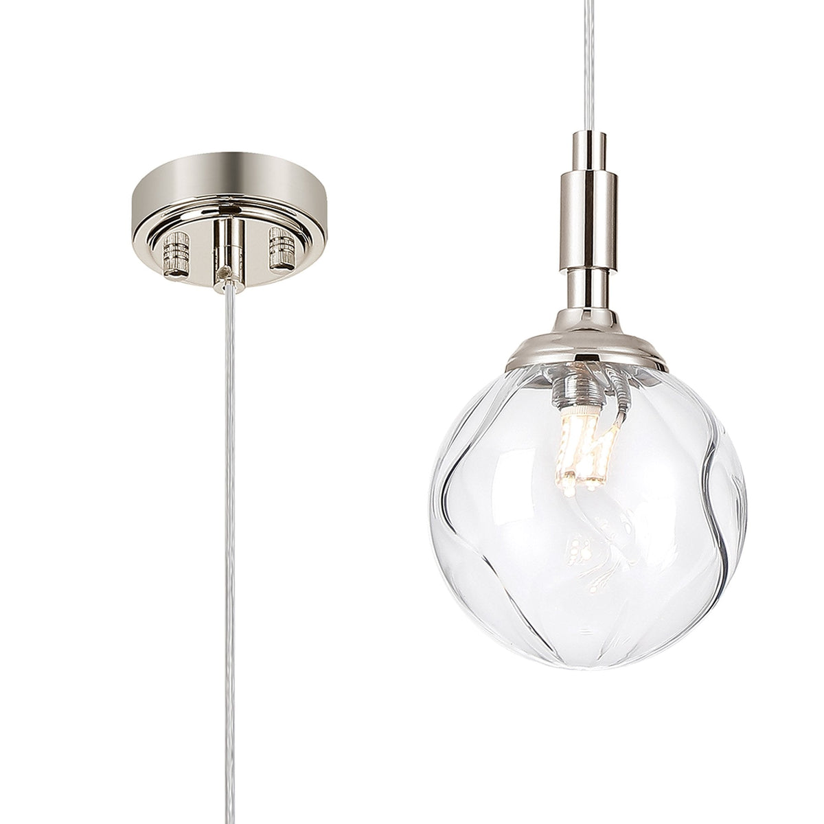 Loughton IP44 Single Drop Pendant in Polished Nickel with Waved Round Glass Clear Diffuser