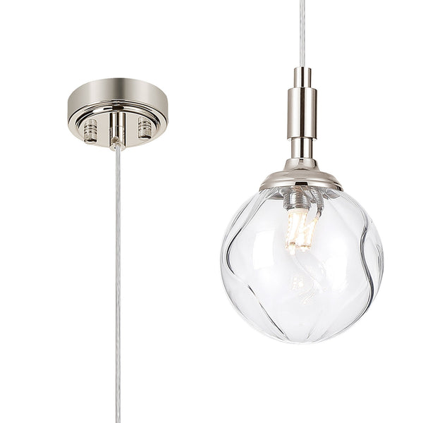 Loughton IP44 Single Drop Pendant in Polished Nickel with Waved Round Glass Clear Diffuser