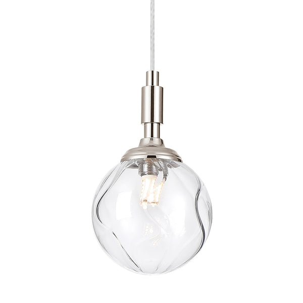 Loughton IP44 Single Drop Pendant in Polished Nickel with Waved Round Glass Clear Diffuser