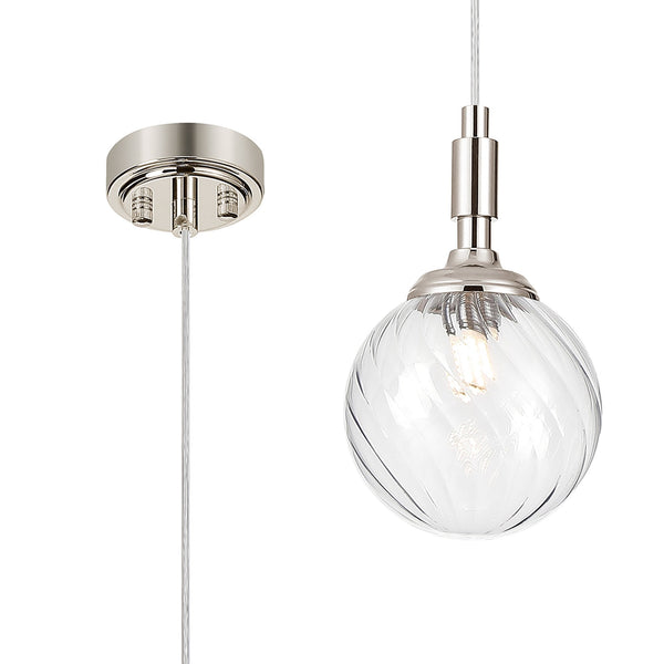 Loughton IP44 Single Drop Pendant in Polished Nickel with Swirl Round Glass Clear Diffuser