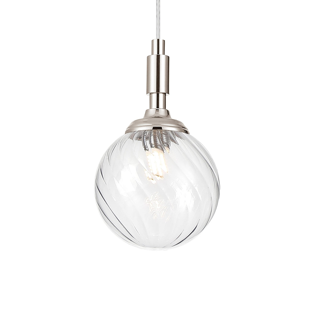 Loughton IP44 Single Drop Pendant in Polished Nickel with Swirl Round Glass Clear Diffuser