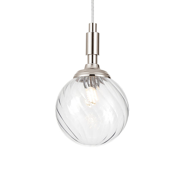 Loughton IP44 Single Drop Pendant in Polished Nickel with Swirl Round Glass Clear Diffuser