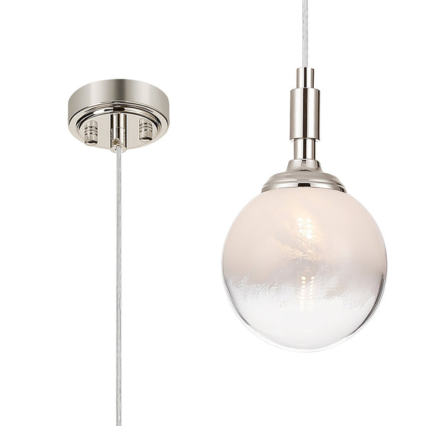 Loughton IP44 Single Drop Pendant in Polished Nickel with Two-Tone Snow Specks Round Glass White Diffuser
