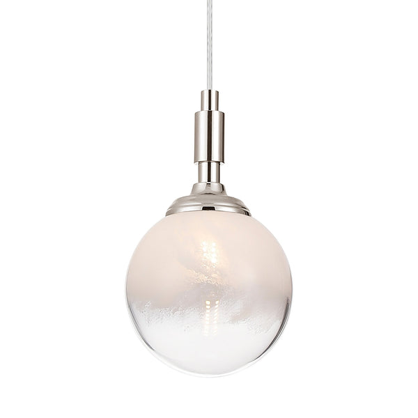 Loughton IP44 Single Drop Pendant in Polished Nickel with Two-Tone Snow Specks Round Glass White Diffuser