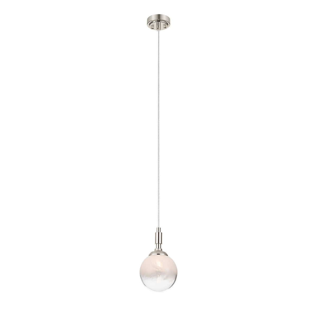 Loughton IP44 Single Drop Pendant in Polished Nickel with Two-Tone Snow Specks Round Glass White Diffuser