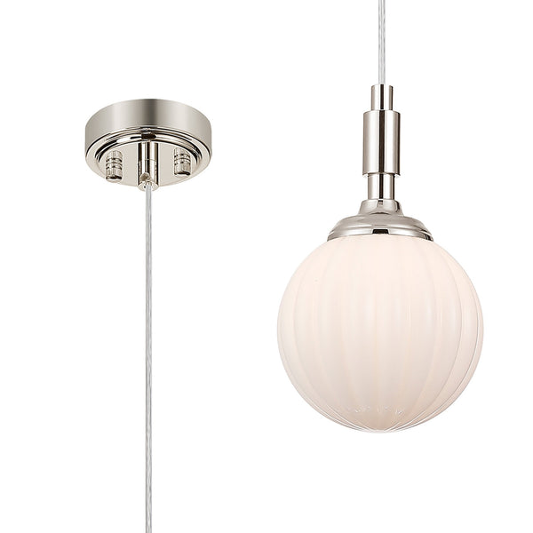 Loughton IP44 Single Drop Pendant in Polished Nickel with Segment Round Glass Opal Diffuser