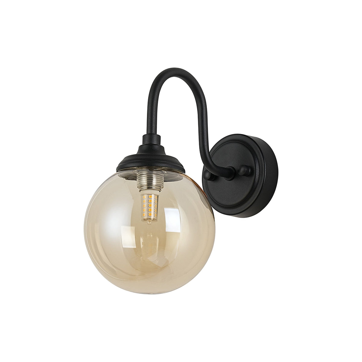 Loughton IP44 Curved Arm Wall Light in Satin Black with Smooth Round Glass Amber Diffuser
