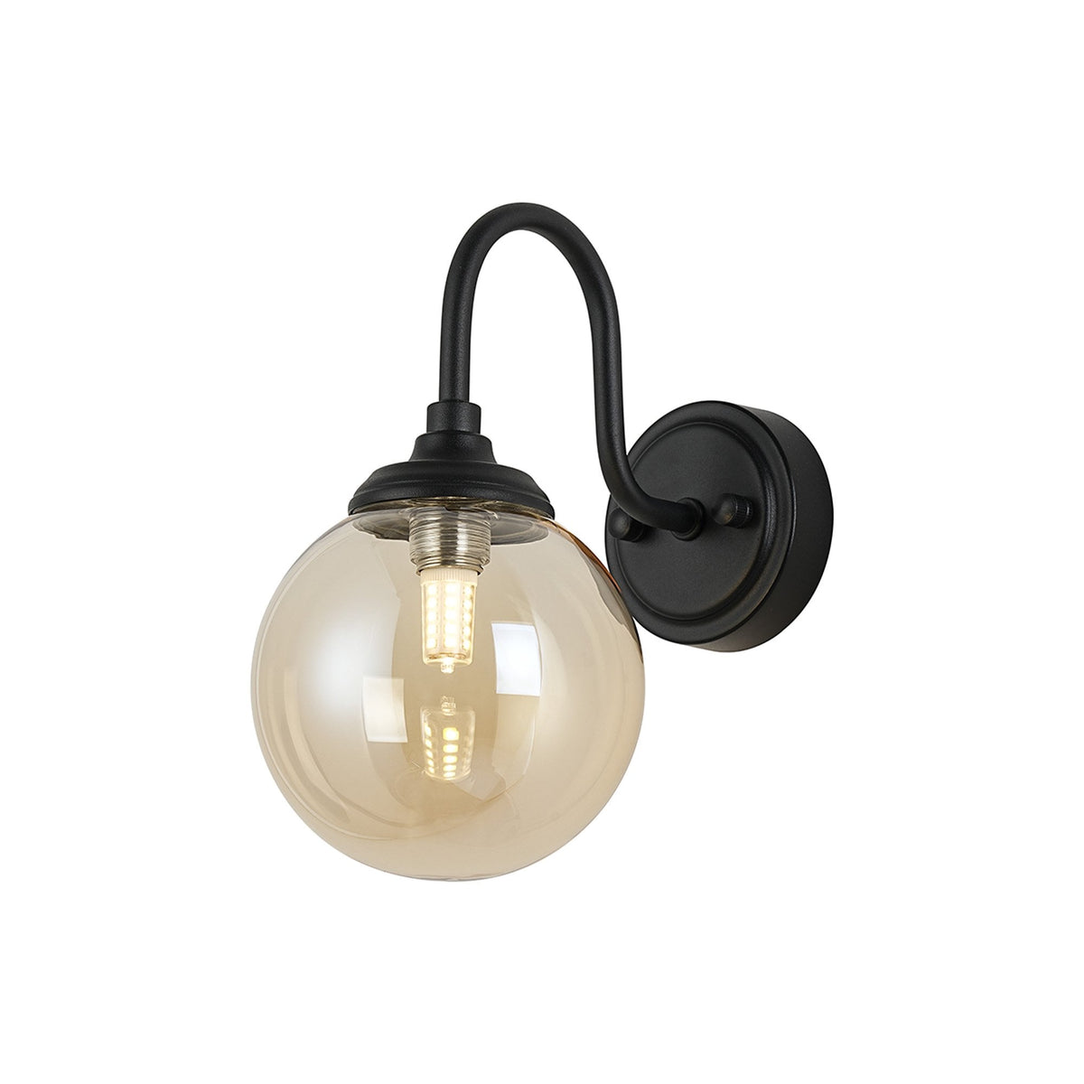Loughton IP44 Curved Arm Wall Light in Satin Black with Smooth Round Glass Amber Diffuser