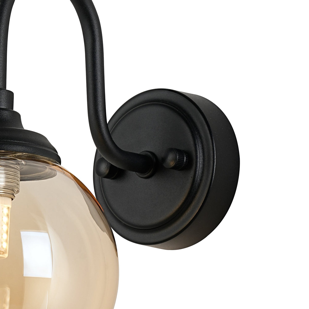 Loughton IP44 Curved Arm Wall Light in Satin Black with Smooth Round Glass Amber Diffuser