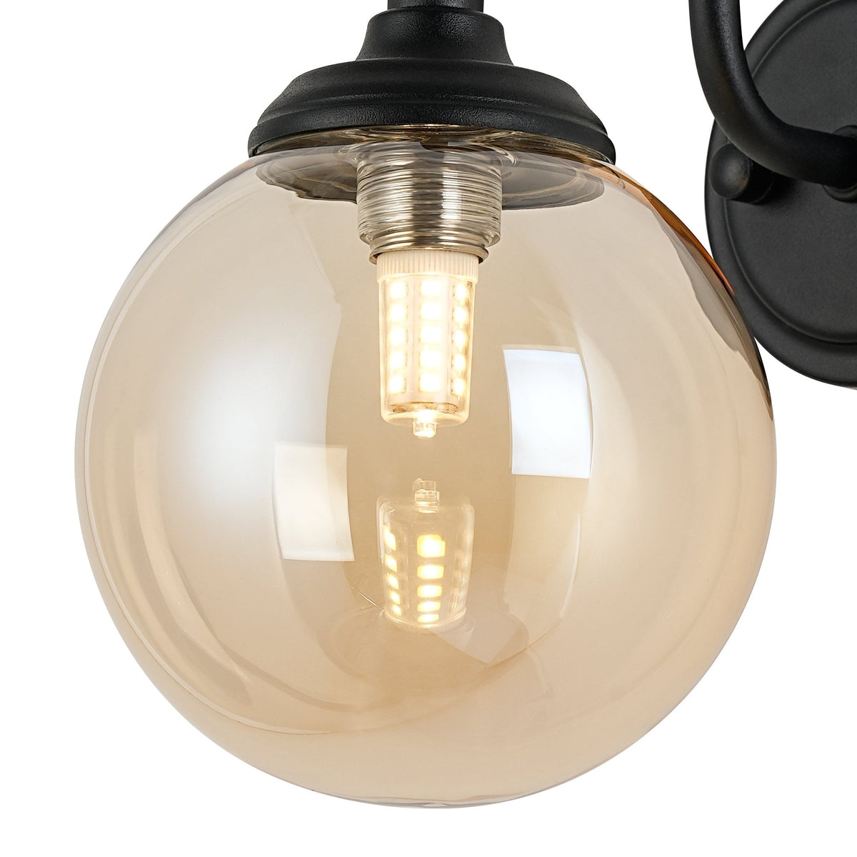 Loughton IP44 Curved Arm Wall Light in Satin Black with Smooth Round Glass Amber Diffuser