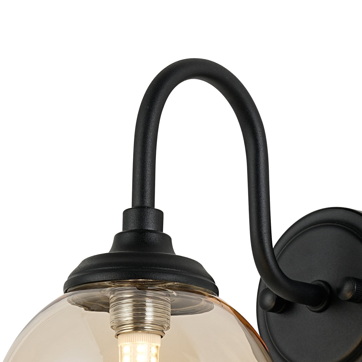 Loughton IP44 Curved Arm Wall Light in Satin Black with Smooth Round Glass Amber Diffuser