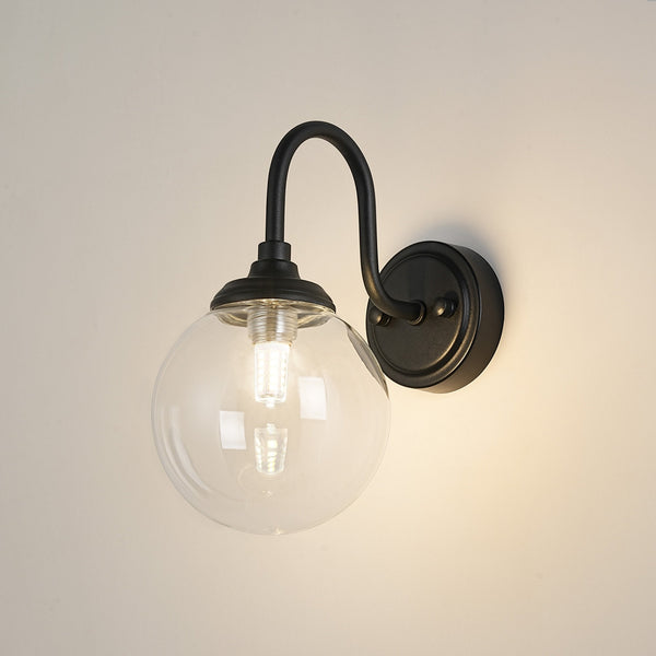 Loughton IP44 Curved Arm Wall Light in Satin Black with Smooth Round Glass Clear Diffuser