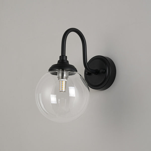 Loughton IP44 Curved Arm Wall Light in Satin Black with Smooth Round Glass Clear Diffuser