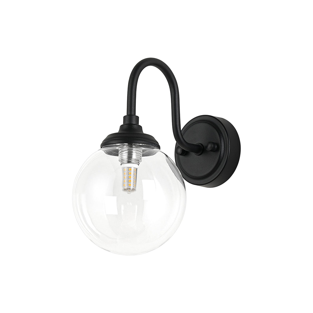 Loughton IP44 Curved Arm Wall Light in Satin Black with Smooth Round Glass Clear Diffuser