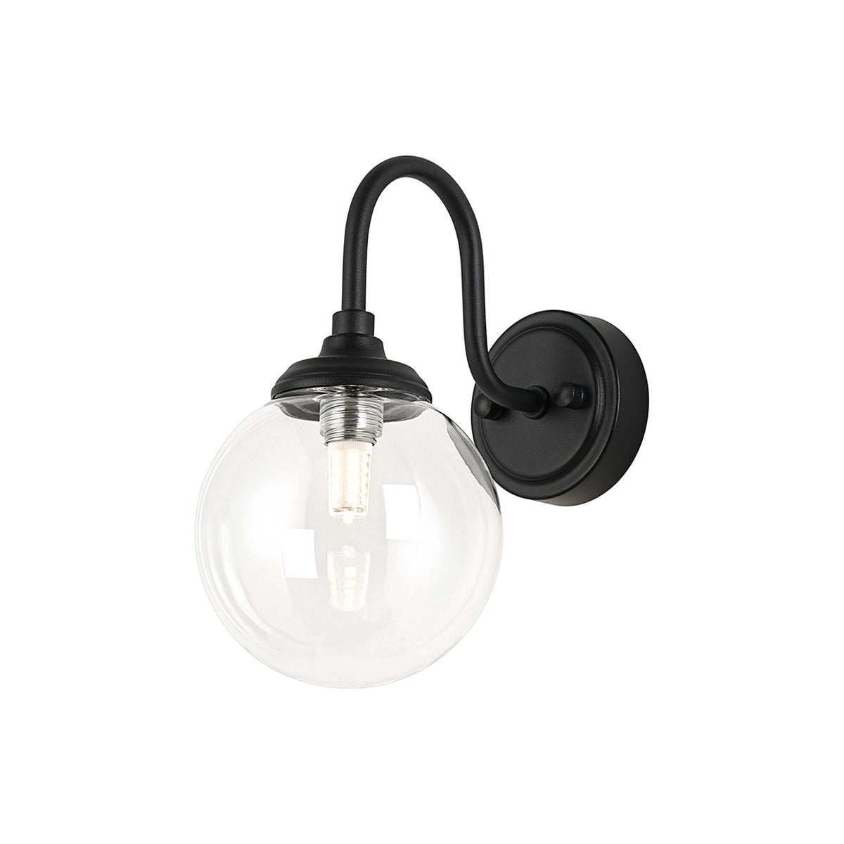 Loughton IP44 Curved Arm Wall Light in Satin Black with Smooth Round Glass Clear Diffuser