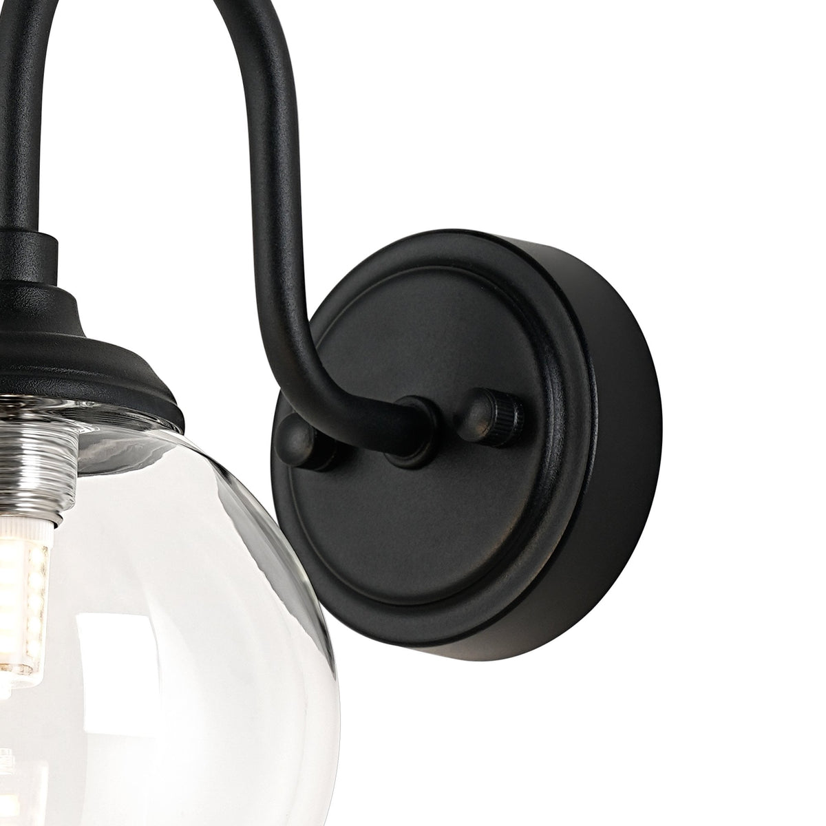 Loughton IP44 Curved Arm Wall Light in Satin Black with Smooth Round Glass Clear Diffuser