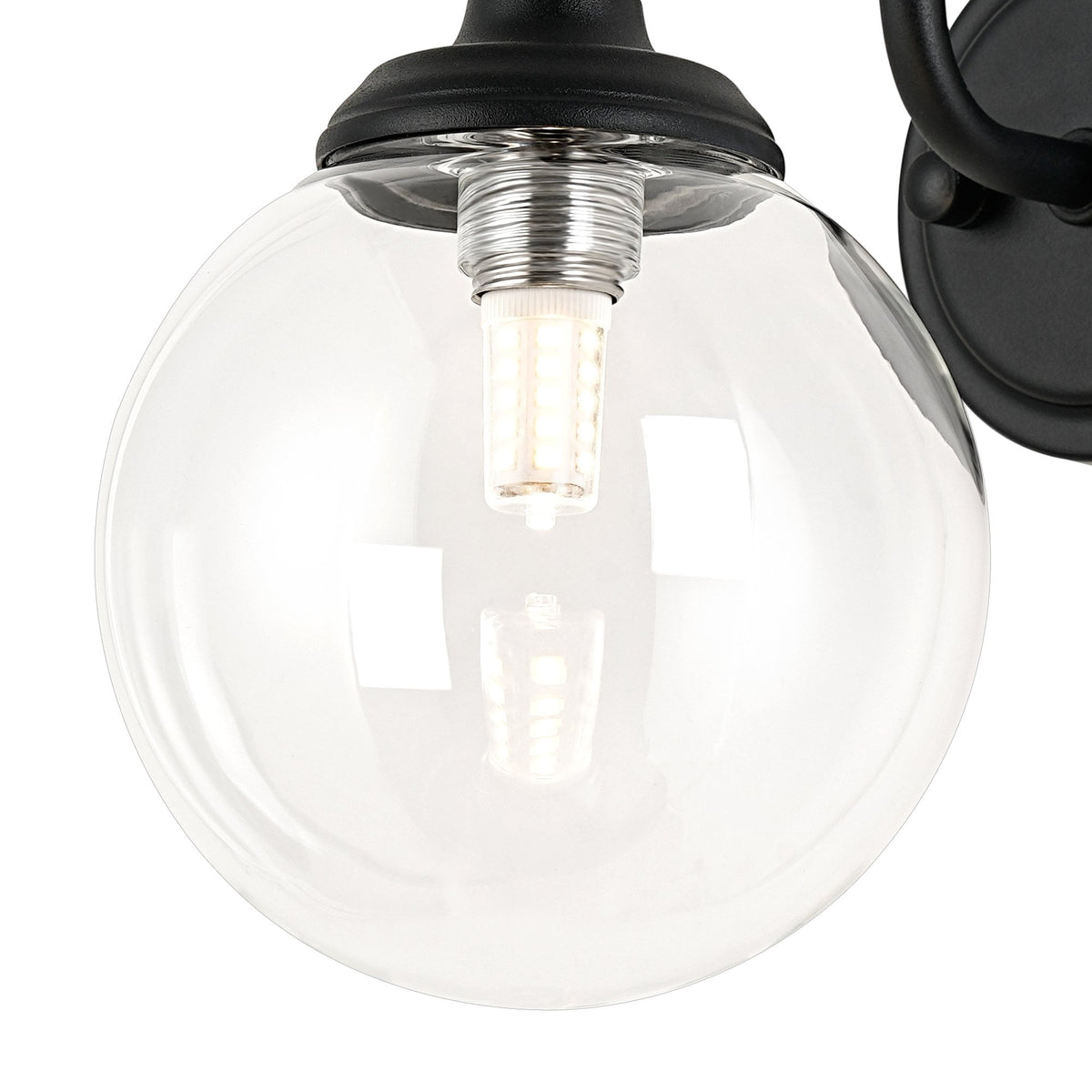 Loughton IP44 Curved Arm Wall Light in Satin Black with Smooth Round Glass Clear Diffuser